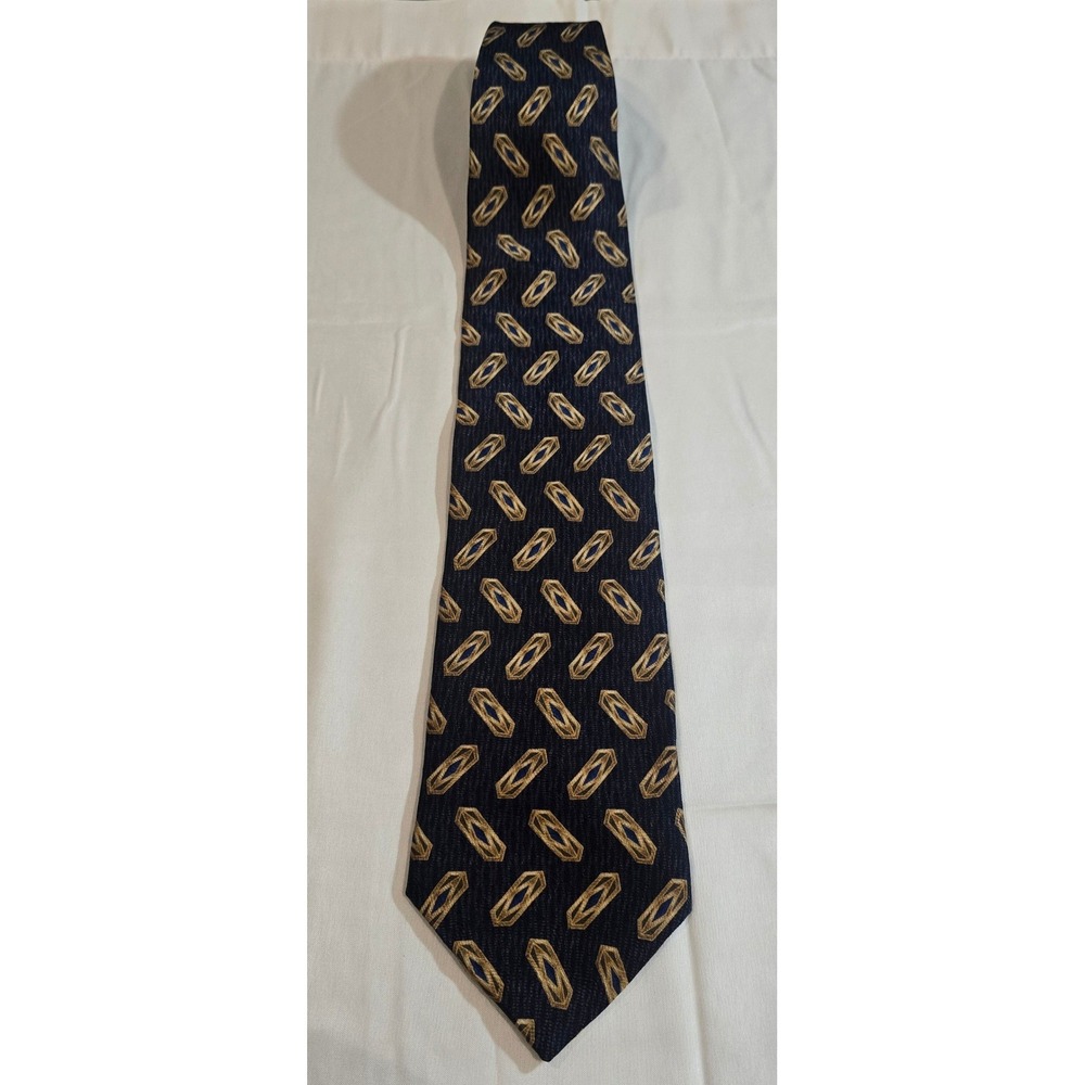 HONORS Necktie Mens Silk Blue Gold Geometric Pattern Made in‎ USA